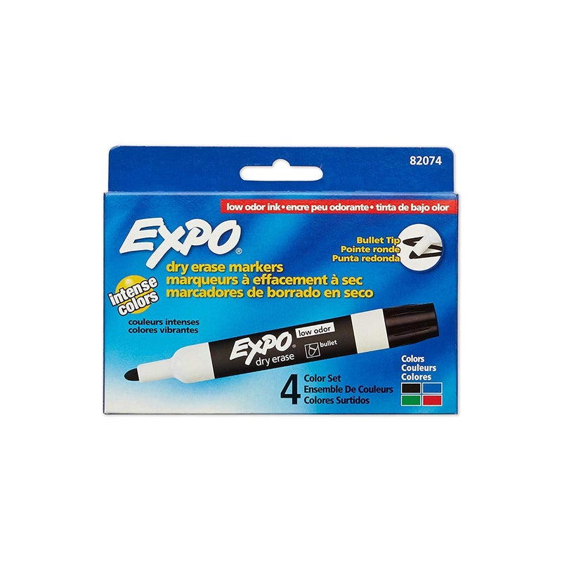 EXPO 82074 Low-Odor Dry Erase Markers, Bullet Tip, 4 Assorted Colors (Black, Blue, Green and Red), 4 Blisters of 4 Markers Each, Total 16 Assorted Color Markers - Image 1